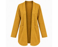Dames Lang Vest Mosterdgeel – Open Vest met Lange Mouwen – Los vallend Casual Cardigan – Maat S