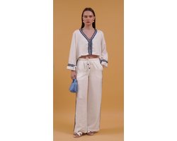 Dames Linnen Pak- Korte Witte Blouse Met Gestrikte Mouwen en Denim Strepen Broek Maat L