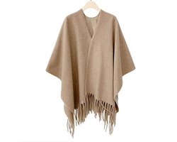 Dames Omslagdoek ‑ Vest - Oversized sjaal - Poncho - Stola - Omslagsjaal - Licht Camel / Beige - Vest met franjes