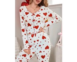 Dames Pyjama Set met Lange Mouwen en Hartjesprint, Comfortabele Lounge Set met Soepele Broek en Elastische Taille voor Ontspanning en Slaap