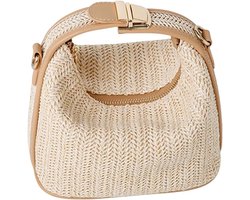 Dames Rieten Schoudertas - Handgemaakt Zomer Tasje - 19x11x12cm - Ajusteerbare Band + Rits - Beige Strandtas - Geschikt Voor Zwembad & Shopping