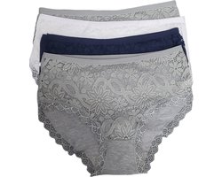 Dames - Slips - Ondergoed - 95% Katoen - 4 Stuks - Met Kant - Normale Taille - Kleur - Wit, Grijs, Grijs, Marineblauw - Maat 42/XL