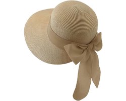 Dames Strohoed met brede rand - Zonneklep - Zonnehoed - Brede rand - Sun Hat UV Protection - Strandhoed - Zonnekleppen - Outback hoed - Zonnehoedje - Opvouwbare zomerstrandhoed met vlinderdas - Geschikt voor Strand, Zwembad, Kamperen - Beige