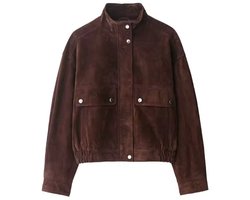 Dames Suède Look Jack – Bruin Kort Jasje met Drukknopen en Steekzakken – Casual Leren Look Jas voor Herfst & Lente -L-