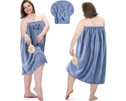 Dames Wikkelhanddoek Set - Badjas Wrap - Douchen en Spa - Zachte Koraalfleece - 2 Sets Plus Size - Blauw