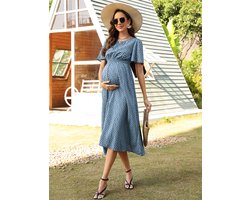 Dames zwangerschapsjurk korte mouwen zwangerschapsjurk met print met ronde hals en ruches blauw XL