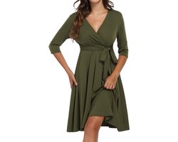 Dames zwangerschapsjurk, zwangerschapsjurk voor zwangere vrouwen, voedingsjurk, V-hals, lange mouw met tailleriem Groen XL