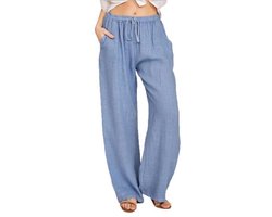 Damesbroek van katoen en linnen, zomerse wijde pijpen, casual losse broek met trekkoord en hoge taille, palazzobroek met zakken,Lichtblauw,S