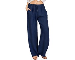 Damesbroek van katoen en linnen, zomerse wijde pijpen, casual losse broek met trekkoord en hoge taille, palazzobroek met zakken,Marineblauw,S
