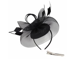 Dameshoed in zwart, met veren en zwart gaas, voorzien van een hoofdband en clip, geschikt voor vintage bruiloften, cocktailparty's, kerkdiners en balhoofddeksels.