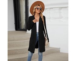 Damesvest, lang en lichtgewicht gebreid, elegant gebreid jasje, casual trui met open voorkant en zakken Zwart L