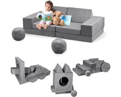 Danky - 12‑Delig Modulair Kinder Speelbank Set - Omvormbare Opklapbare Schuimbank met Tunnel en 2 Schuimballen - Wasbare Hoes voor Forten Lezen en Slapen - Donkergrijs