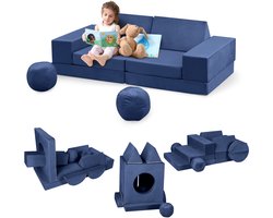 Danky - 12‑Delig Modulair Kinder Speelbank Set - Omvormbare Opklapbare Schuimbank met Tunnel en 2 Schuimballen - Wasbare Hoes voor Forten Lezen en Slapen - Marineblauw