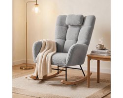Danky - Hoogrugle Schommelstoel met Lendensteun - Zachte Teddy Stof - Beklede Wipstoel voor Babykamer, Woonkamer en Slaapkamer - Met Zijvak - Teddyfleece | Lichtgrijs