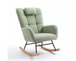 Danky - Hoogrugle Schommelstoel met Lendensteun - Zachte Teddy Stof - Beklede Wipstoel voor Babykamer, Woonkamer en Slaapkamer - Met Zijvak - Teddyfleece | Lichtgroen