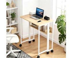 Danky - Inklapbaar Bureau op Wielen - Compact & Ruimtebesparend - Met Opbergplank - Vergrendelbare Zwenkwielen - Naturel
