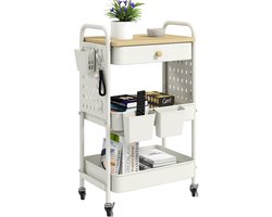 danpinera Rolwagen met 3 niveaus, metalen rolwagen met laden en steekborden, serveerwagen, knutselwagen, keukenwagen met wielen voor keuken, woonkamer, badkamer, haken en hangende bekers, wit