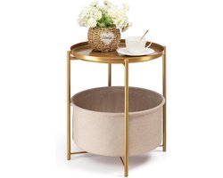 danpinera Ronde bijzettafel met stoffen opbergmand, klein metalen nachtkastje met afneembaar tafelblad voor woonkamer, slaapkamer, kinderkamer, wasruimte, goud