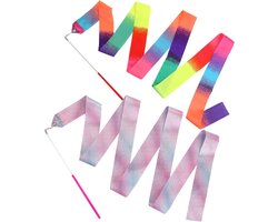 Danslint aan stok voor kinderen - 2 stuks - Lintdansstokken - Gymnastieklint - voor artistieke dansvlaggen, talentenshows en trainingsapparatuur - 2m - verloopkleur
