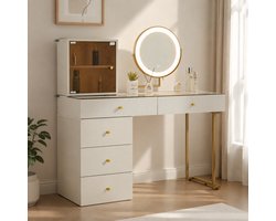 DantefHandels Kaptafel Set met spiegel met ledverlichting, transparant tafelblad van gehard glas, kaptafel-Seite en kast, elegante Möbel, wit