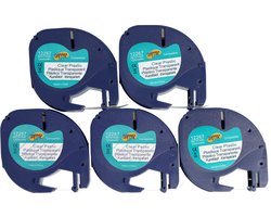 Dappaz - 5 stuks Compatible Dymo Plastic label tape 12267 - Zwart op Transparant 12mm x 4m - Geschikt voor Dymo LetraTag - S0721530