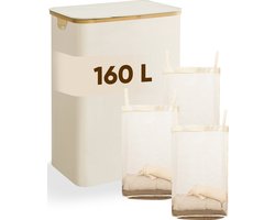 DARI. - Wasmand 3 vakken - Wassorteerder - 160L - met 3 uitneembare zakken - wasmand - beige - knopen
