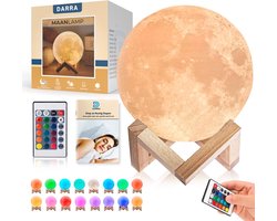 Darra Maanlamp 3D Tafellamp - Maanlampje - Nachtlamp - 16 Dimbare LED Kleuren & Afstandsbediening - Moon Lamp - Ø 18 cm - Moon Light - Sfeerlamp - Nachtverlichting - Duurzame verlichting - Leeslamp - Kerst - Valentijn - Cadeau - Incl. Gratis E-book