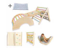 Dastium Kids - Klimrek - Montessori Speelgoed - XXL Houten Klimrek Speelgoed - Klimboog met Kussen - Inklapbare Klimdriehoek - Klimboog met Glijbaan - Klimrek Voor Kinderen - Pastelkleuren
