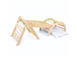 Dastium Kids - Mini Klimrek - Houten Klimrek - Klimboog met Kussen - Klimrek Voor Baby en Peuter - Klimrek met Glijbaan - Montessori Speelgoed - Pastelkleuren