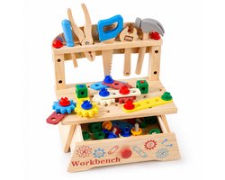 Dastium Kids Speelgoed Gereedschapskist - Kinder gereedschap - Houten Speelgoed - Werkbank Speelgoed - Sensorisch speelgoed - Educatief speelgoed - 51-delig