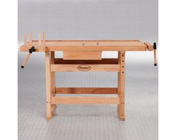 Datona® Houten Werkbank - 2 Bankschroeven, 8 Bankhaken - Gereedschapslade en Plank - Groot Werkblad met Restafvalbak - Robuust Beukenhout