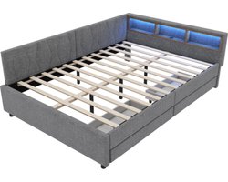 Daybed, 140x200cm, Daybed, Slaapbank, Opbergvak aan het bed, USB+Type C, Afstandsbediening voor LED-sfeerverlichting, Bed met twee lades, Bed met lattenbodem (zonder matras), Linnen, Grijs
