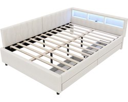 Daybed, 140x200cm, Daybed, Slaapbank, Opbergvak aan het bed, USB+Type C, Afstandsbediening voor LED-sfeerverlichting, Bed met twee lades, Bed met lattenbodem (zonder matras), Linnen, beige