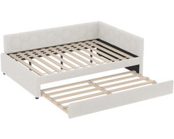 Daybed, 140x200cm slaapbank, bed met lattenbodem (zonder matras), met bedlampje, met multifunctioneel uitschuifbed, USB-aansluiting, Type-C, imitatie fleece, wit