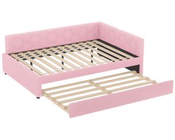 Daybed, 140x200cm slaapbank, bed met lattenbodem (zonder matras), met bedlampje, met multifunctioneel uitschuifbed, USB-aansluiting, Type-C, imitatie fleece,roze
