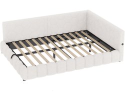 Daybed, 140x200cm slaapbank, bed met lattenbodem (zonder matras), met LED-lichtstrip, met hydraulisch hefmechanisme, USB-aansluiting, Type-C, imitatie fleece, wit