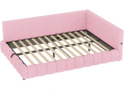 Daybed, 140x200cm slaapbank, bed met lattenbodem (zonder matras), met LED-lichtstrip, met hydraulisch hefmechanisme, USB-aansluiting, Type-C, imitatie fleece, roze