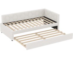 Daybed, 90x200cm slaapbank, bed met lattenbodem (zonder matras), met bedlampje, met multifunctioneel uitschuifbed, USB-aansluiting, Type-C, imitatie fleece, wit