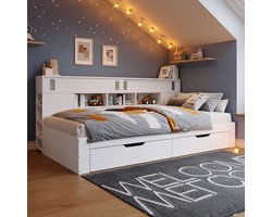 Daybed, kinderbed, 90 x 200 cm, eenpersoonsbed, multifunctioneel kinderbed met lades, boekenplanken en opbergkast, bedstee met opbergruimte, zonder matras, wit