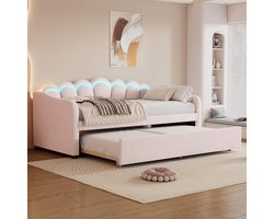 Daybed met Uittrekbaar Rolbed (90x200 cm) & Sfeerverlichting - Gestoffeerd Loungebank met Rugleuning