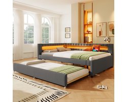 Daybed, slaapbank, 140*200 cm, bed met LED-lichtstrip met afstandsbediening aan het voeteneinde, uittrekbaar bed zonder matras, USB + Type-C, linnen, grijs