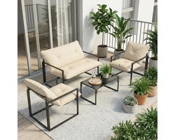 DayeLabel 4-delig tuinmeubelset voor 4 personen - Met 2-zitsbank, 2 stoelen en 1 lage tafel - Incl. 3 beige kussens tuinmeubelset
