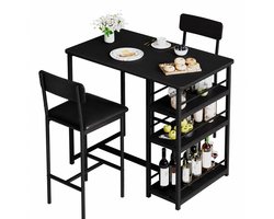 DayeLabel Eettafel set - Eetkamer set - Bartafel en stoelen - Keukentafelset - 2 gestoffeerde stoelen - Opbergplanken - Zwart
