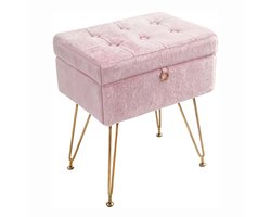 DayeLabel Kaptafel kruk - Stoel - Opbergbank - Zitkruk - Make-up kruk - Voetenbank - Poef - 8L - Teddy met gouden poten - roze
