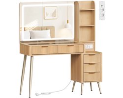 DayeLabel Make-up Tafel met LED Spiegel – Kaptafel – Verstelbare Verlichting – Stopcontacten & USB-C – 117x40x137 cm – Houtlook