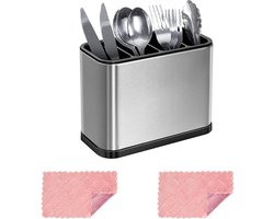 Daymi Bestekhouder 4 vakken voor keuken eetkamer lekbak bestekbak, keukengerei bestek organizer caddy houder gootsteen roest- en krasvrij roestvrij staal antislip, wordt geleverd met 2 poetsdoeken