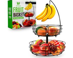 Dayshake Fruitschaal met Bananenhanger - Ronde Fruitmand Zwart - 2-Laags Etagère
