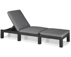 Daytona Deluxe Zonneligstoel Voor Tuin - Terras En Balkon - Verstelbaar Hoofdeinde - Inclusief Kussen - Grijze Tuinligstoel Van Kunststof In Platte Rotanlook - 195 x 65 x 25.5 cm