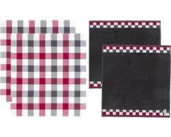 DDDDD - Carre Theedoeken en Keukendoeken Set - Set van 4 - Katoen - Geruit - 60x 65 cm/50x55 cm - Rood en Antraciet