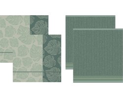 DDDDD - Monstera Keukenset - 2x Keukendoeken en 2x Theedoeken - Katoen - Botanische print - 60x65 cm & 50x55 cm - Badstof - Laurier